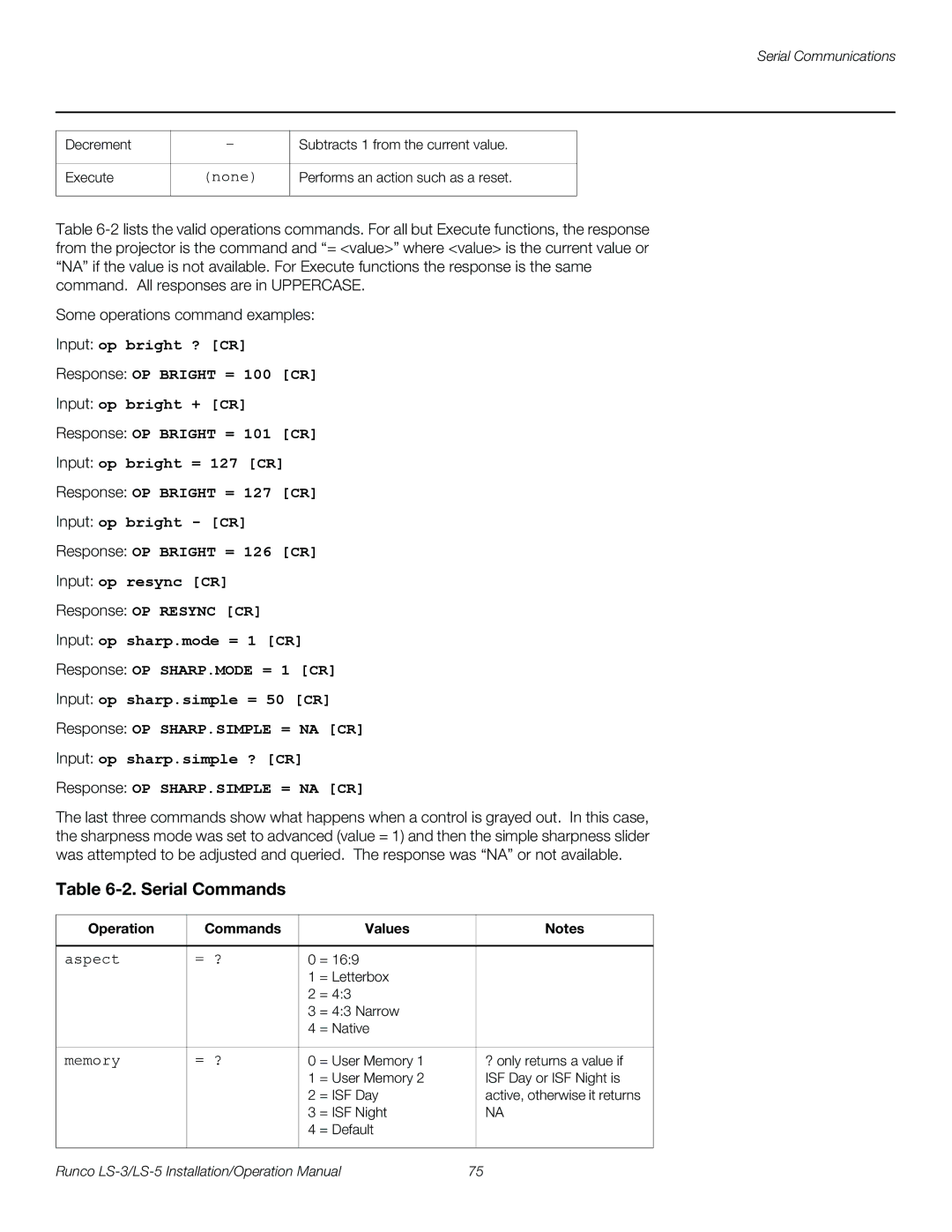 Runco LS-3, LS-5 operation manual Serial Commands, Operation Commands Values 