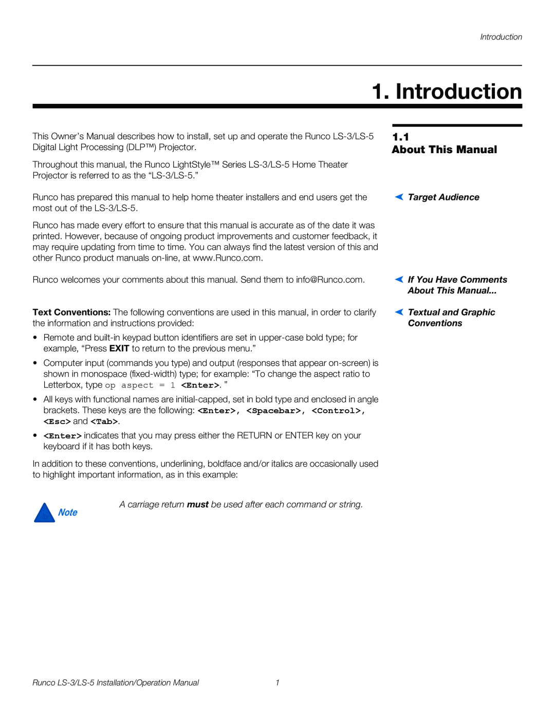 Runco LS-3, LS-5 operation manual Introduction, About This Manual 