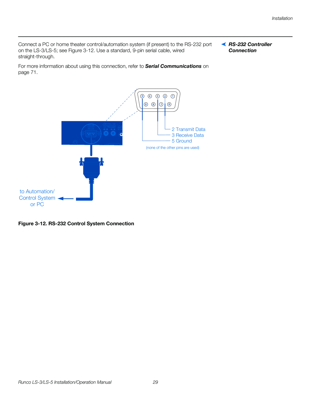 Runco LS-3, LS-5 operation manual to Automation/ Control System or PC, 12. RS-232Control System Connection 