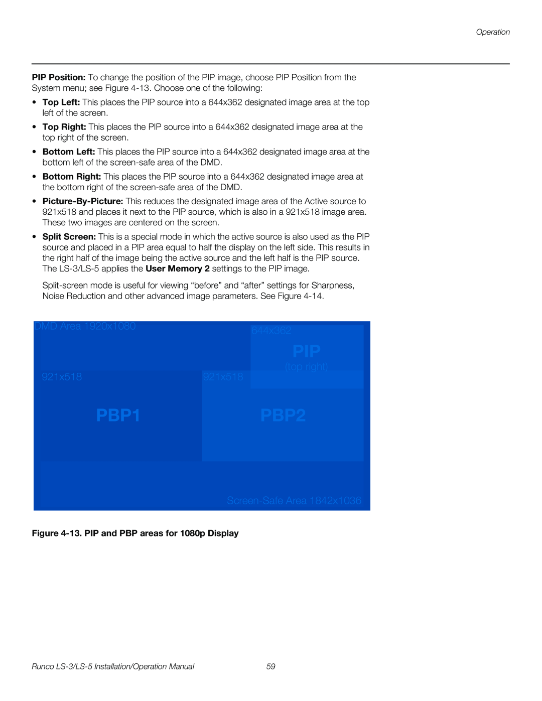 Runco LS-3, LS-5 operation manual DMD Area, 644x362, 921x518, Screen-SafeArea, top right, PBP1, PBP2 