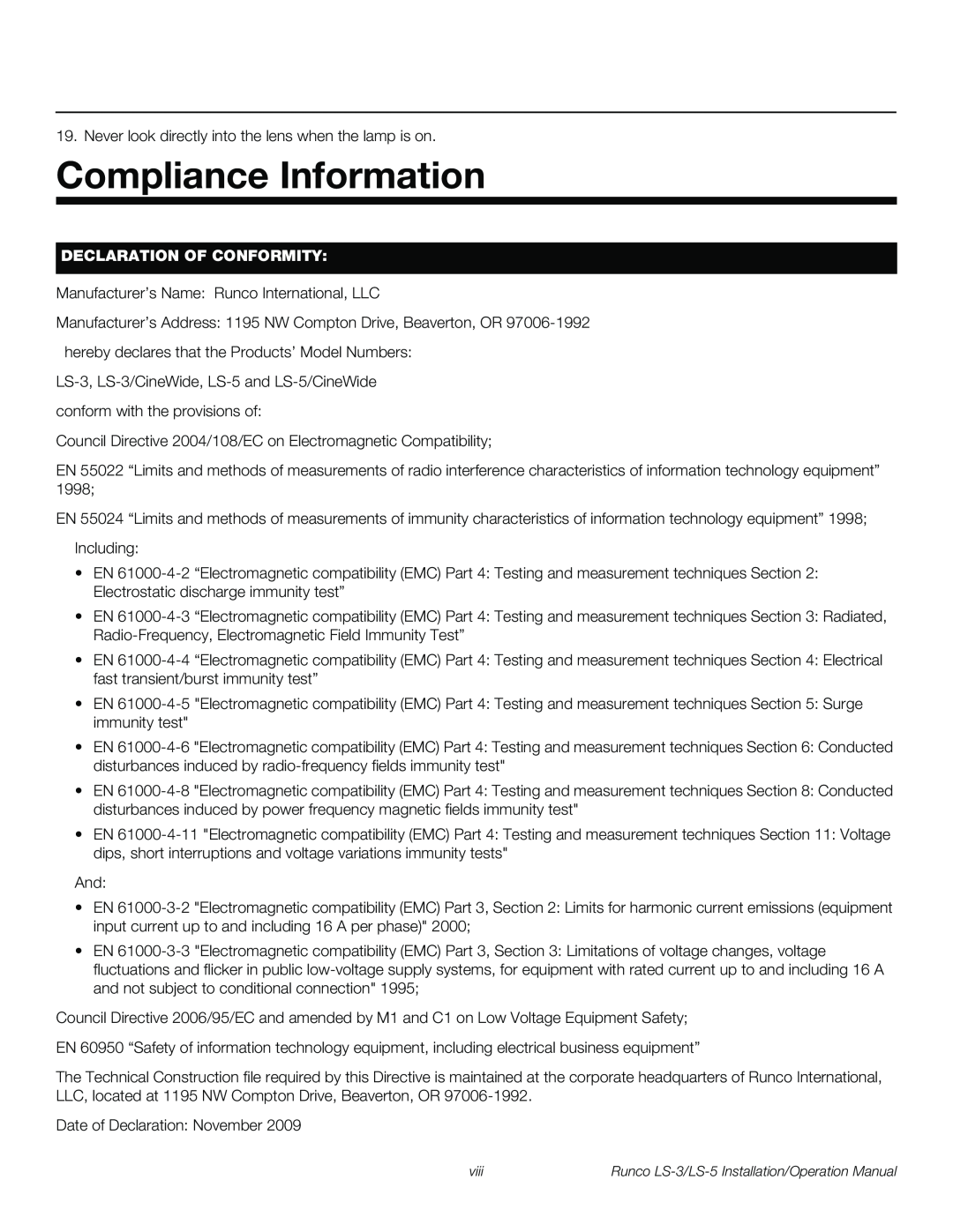 Runco LS-5, LS-3 operation manual Compliance Information, Declaration Of Conformity 