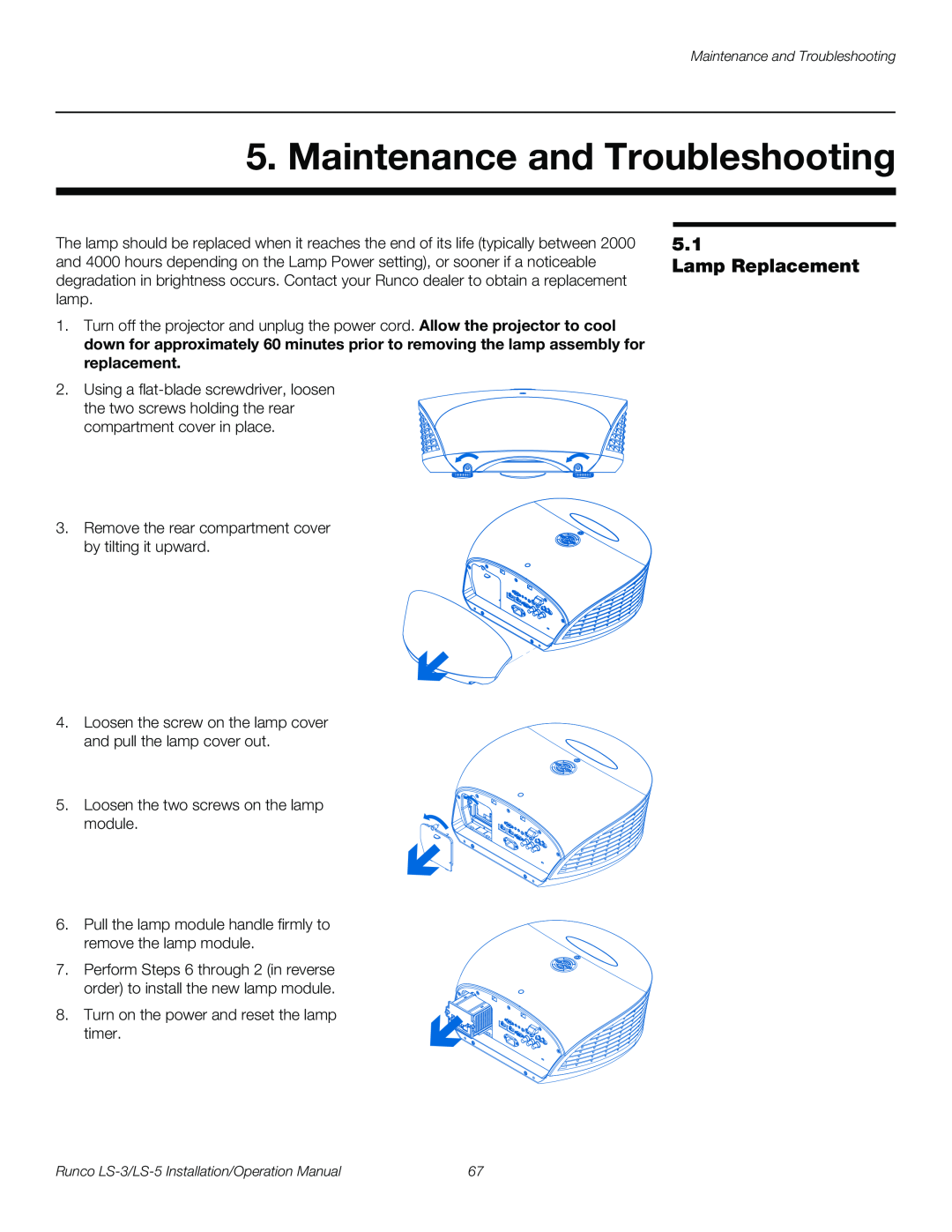 Runco LS-3, LS-5 operation manual Maintenance and Troubleshooting, Lamp Replacement 