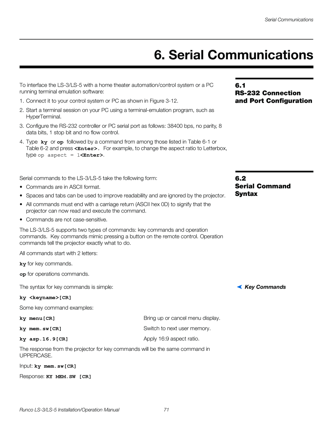 Runco LS-3, LS-5 operation manual Serial Communications, 6.1 RS-232Connection and Port Configuration, Serial Command Syntax 