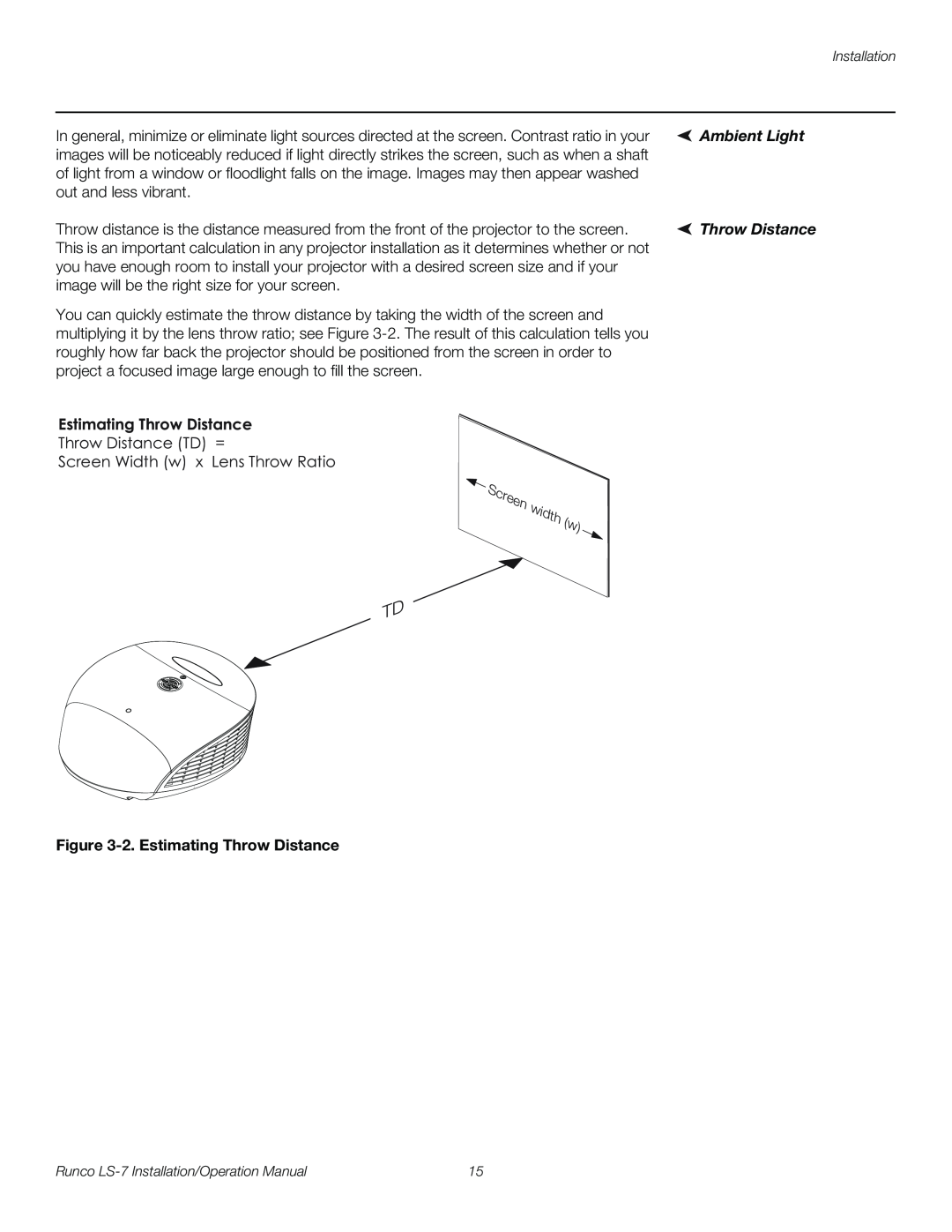 Runco LS-7 operation manual Ambient Light, 2.Estimating Throw Distance 
