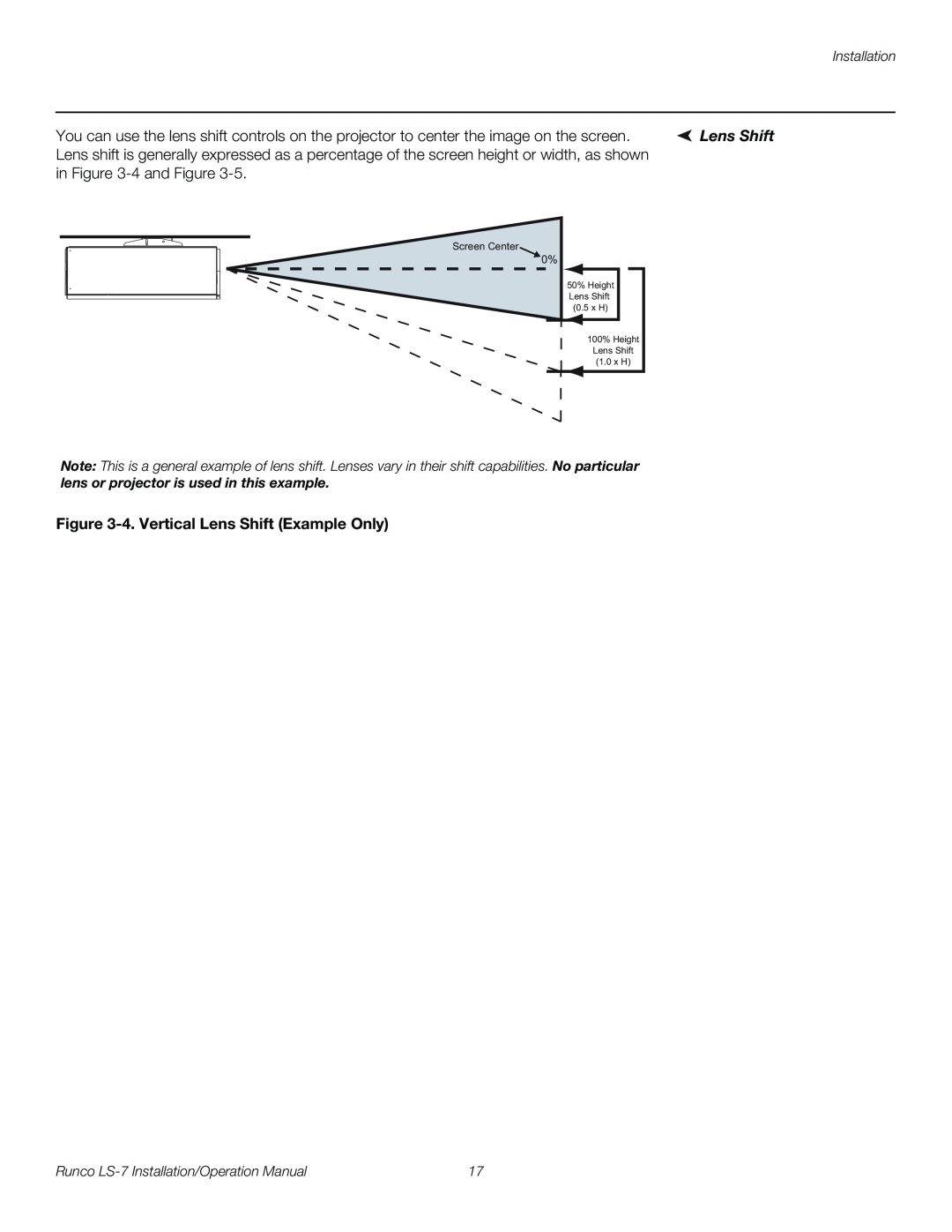 Runco LS-7 operation manual 4.Vertical Lens Shift Example Only 