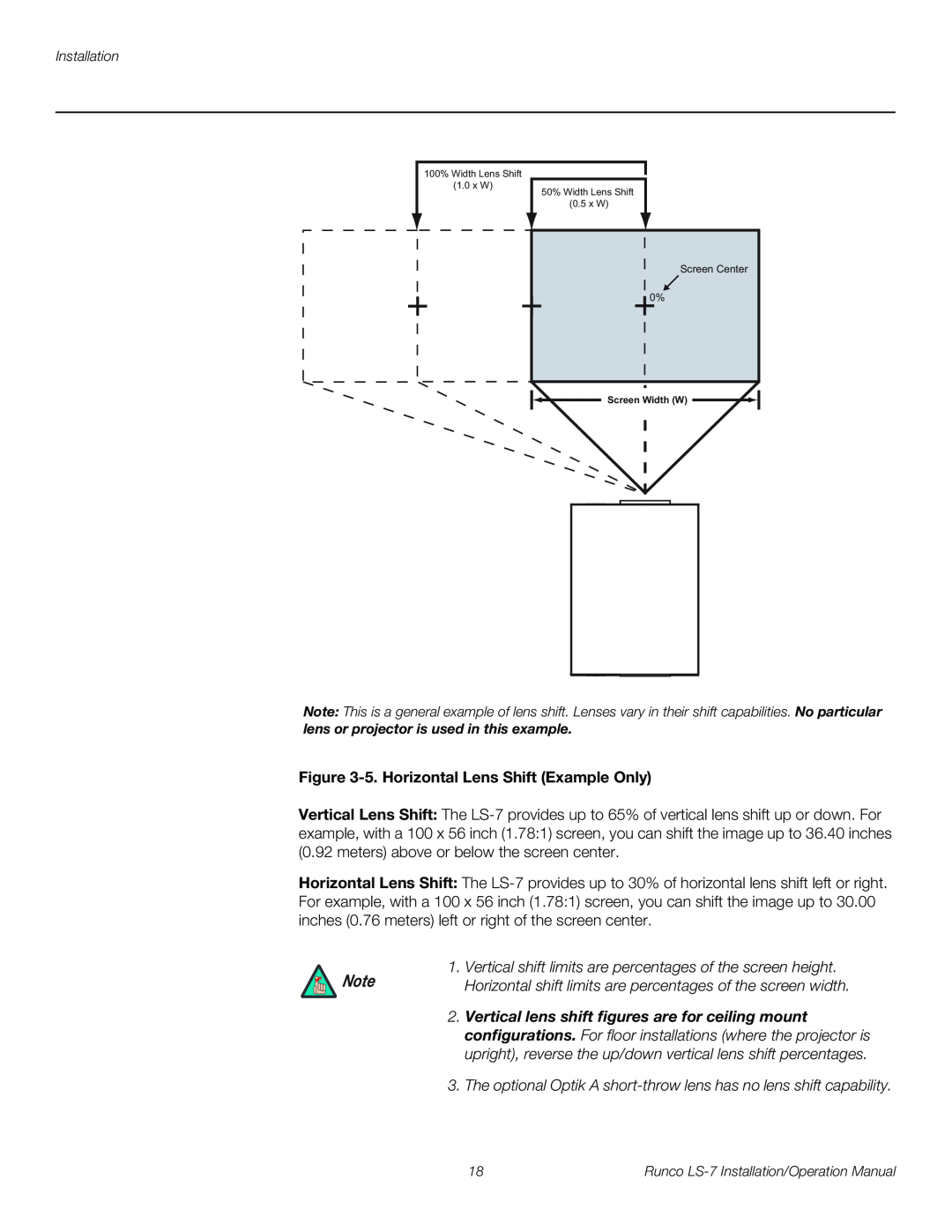 Runco LS-7 operation manual 5.Horizontal Lens Shift Example Only, Installation 