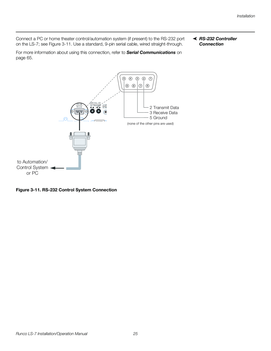 Runco LS-7 operation manual to Automation/ Control System or PC, RS-232Controller, 11. RS-232Control System Connection 