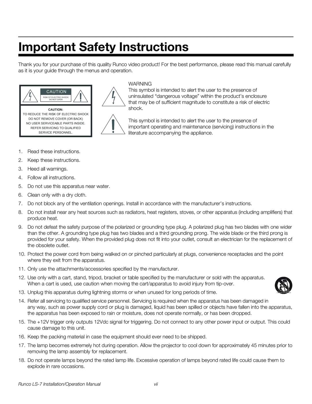 Runco LS-7 operation manual Important Safety Instructions 