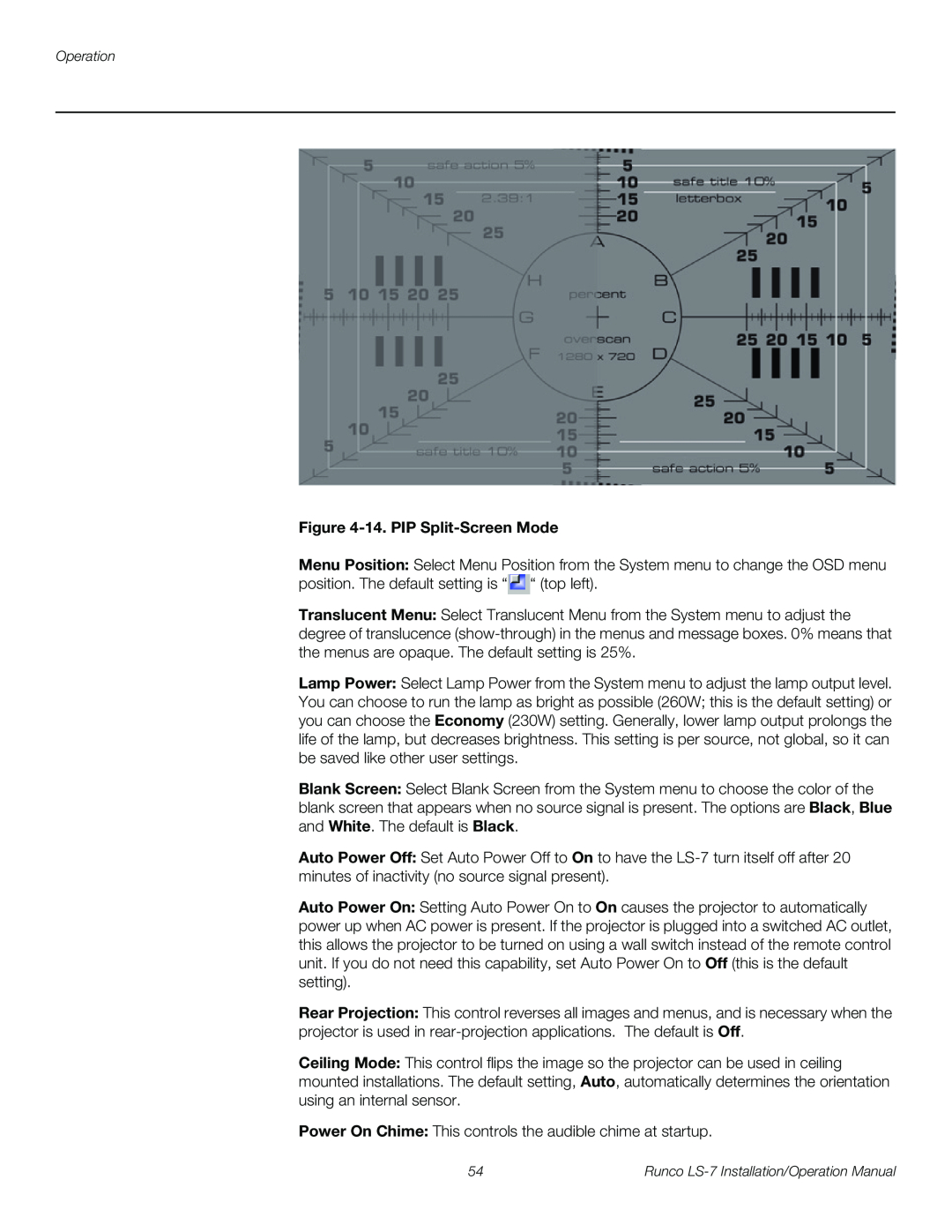 Runco LS-7 operation manual 14.PIP Split-ScreenMode, Operation 