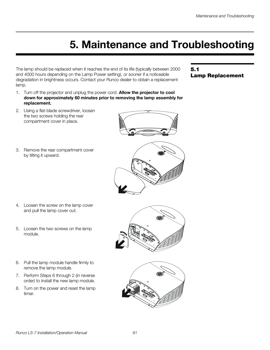 Runco LS-7 operation manual Maintenance and Troubleshooting, Lamp Replacement 