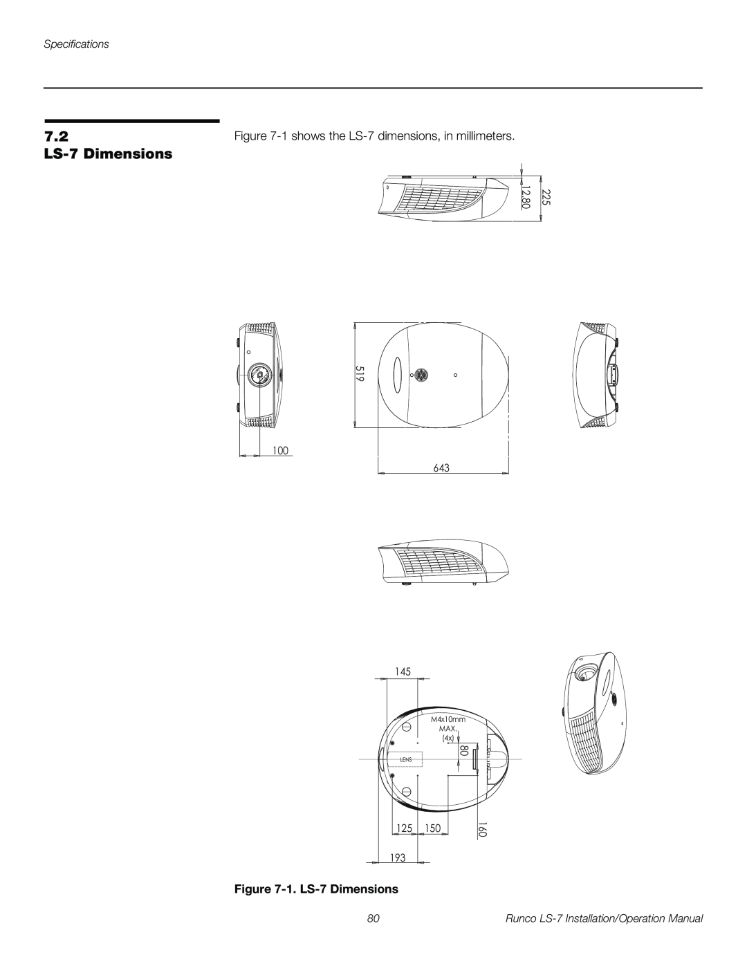 Runco operation manual 7.2 LS-7Dimensions, 1. LS-7Dimensions, Specifications, 100, 12.80, M4x10mm, Lens 