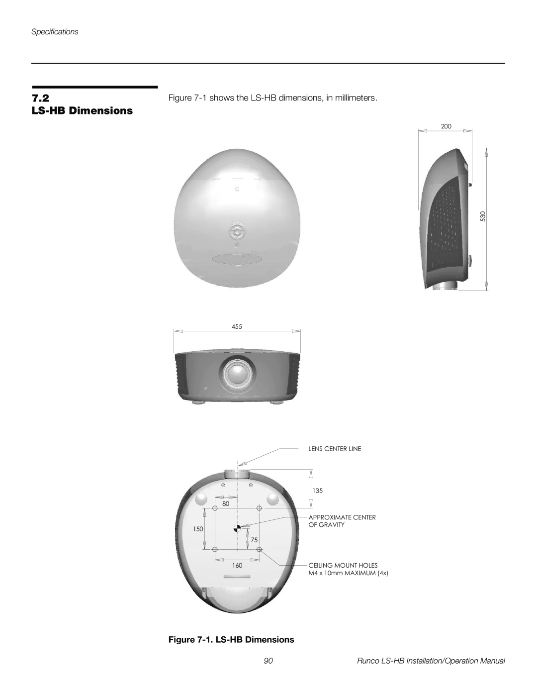 Runco 1. LS-HB Dimensions, Specifications, Runco LS-HB Installation/Operation Manual, 200 530, LENS CENTER LINE 135 