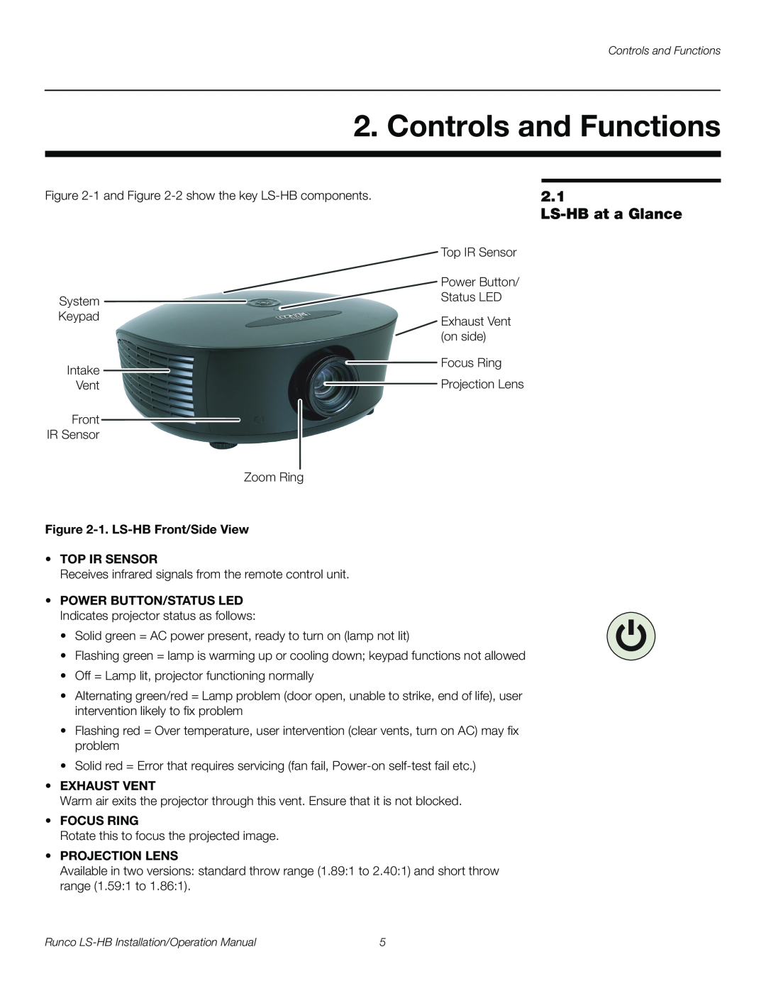 Runco Controls and Functions, LS-HB at a Glance, 1. LS-HB Front/Side View TOP IR SENSOR, Exhaust Vent, Focus Ring 