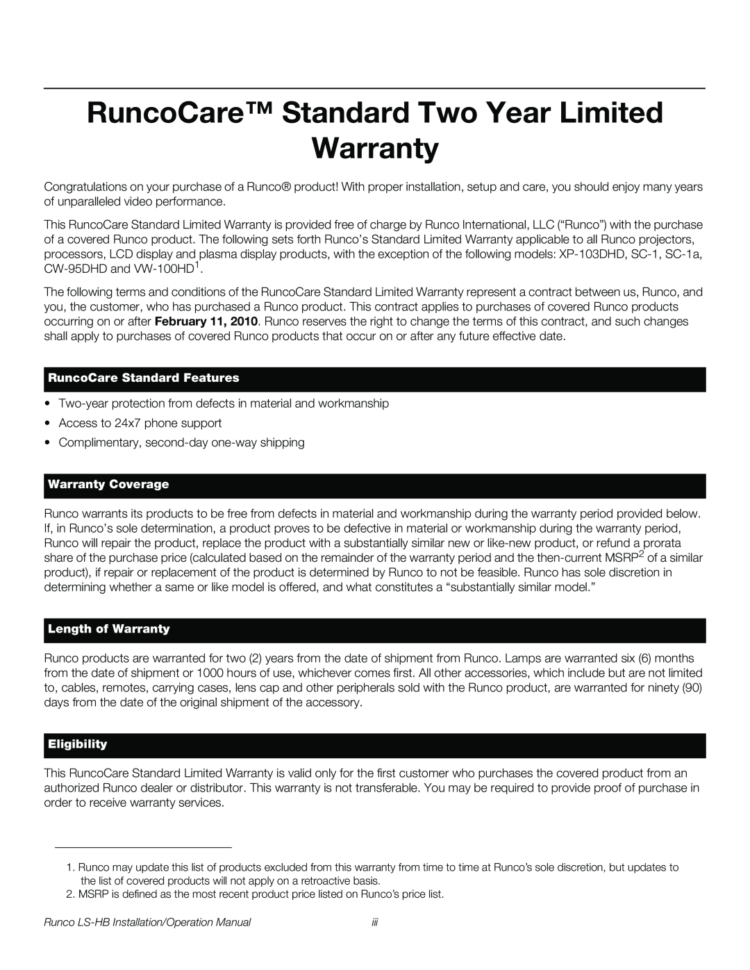 Runco LS-HB RuncoCare Standard Two Year Limited Warranty, RuncoCare Standard Features, Warranty Coverage, Eligibility 