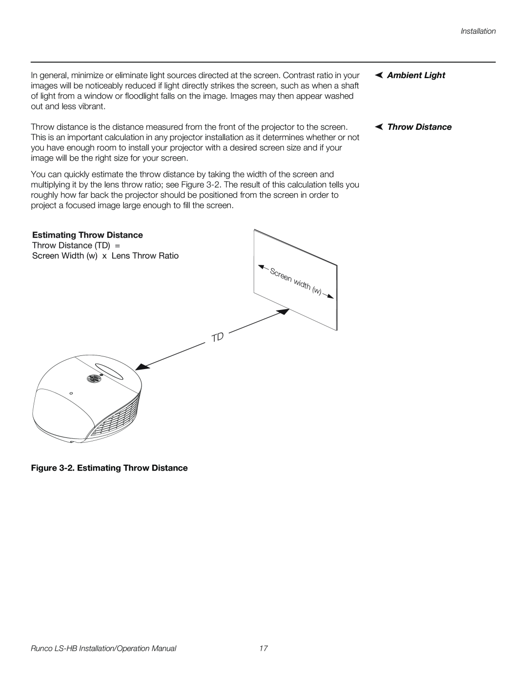 Runco LS-HB operation manual Ambient Light, 2. Estimating Throw Distance 