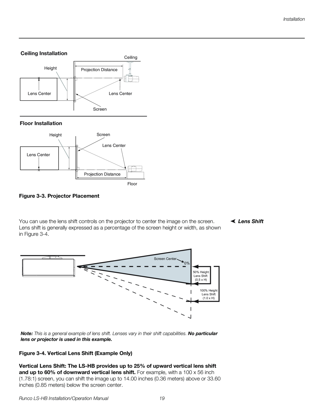 Runco LS-HB operation manual Ceiling Installation, Floor Installation, 3. Projector Placement, Lens Shift 