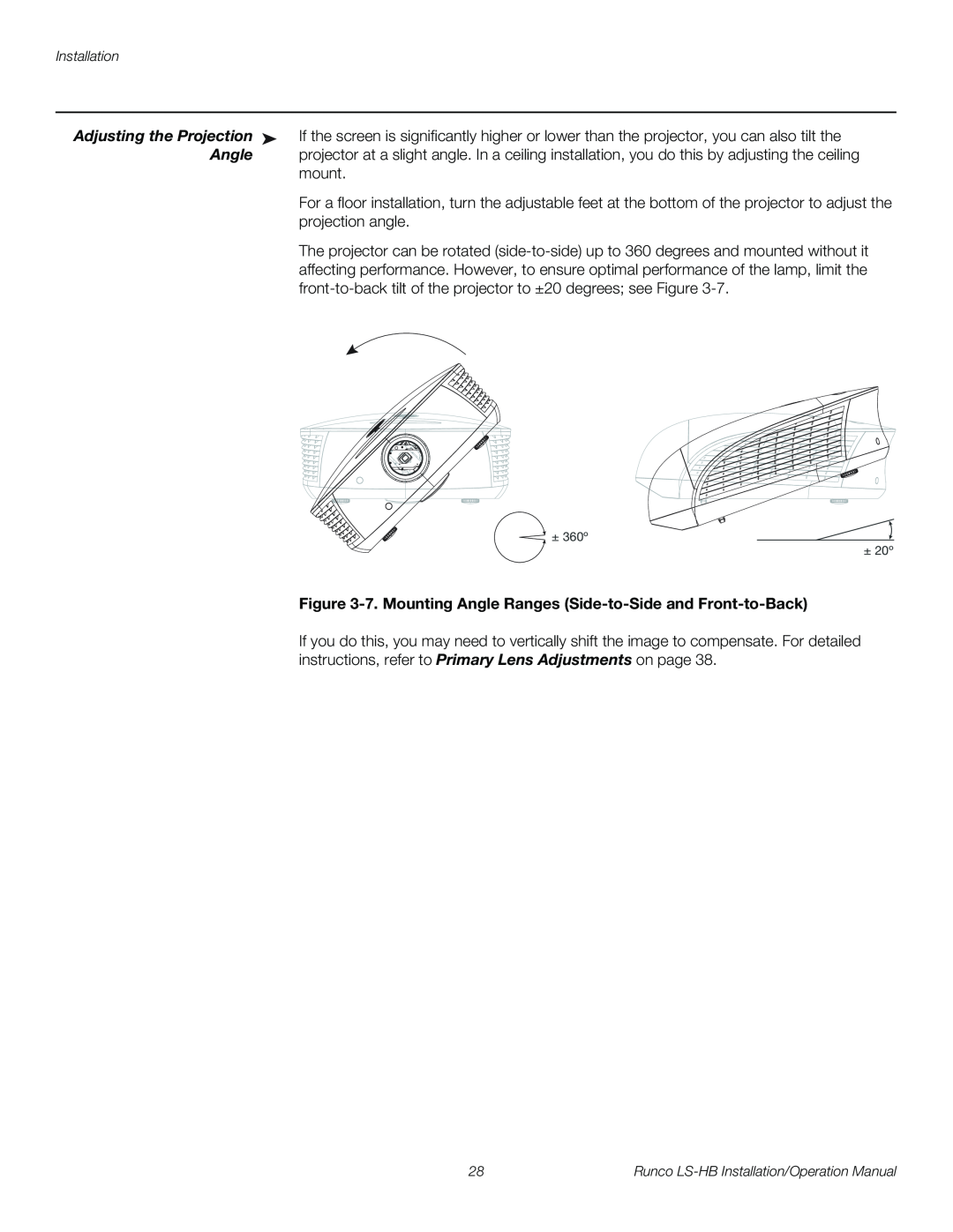 Runco LS-HB operation manual Adjusting the Projection, 7. Mounting Angle Ranges Side-to-Side and Front-to-Back 