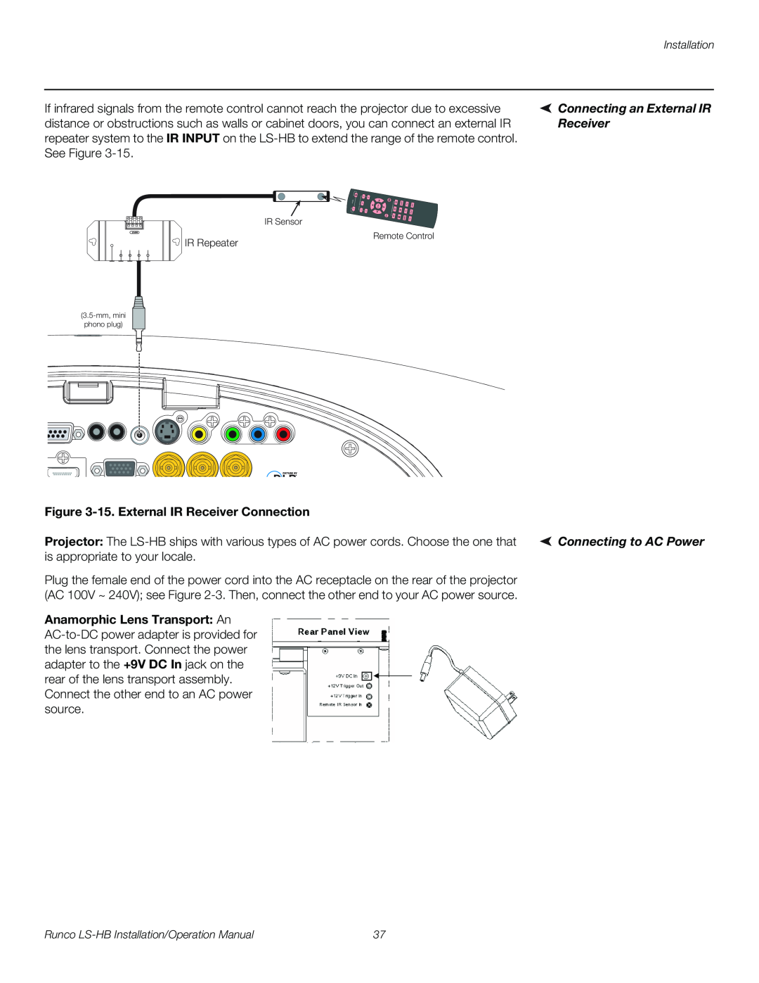 Runco LS-HB operation manual Connecting an External IR, 15. External IR Receiver Connection, Connecting to AC Power 