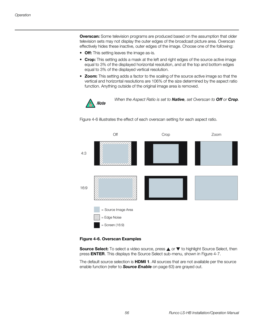 Runco LS-HB operation manual When the Aspect Ratio is set to Native, set Overscan to Off or Crop, 6. Overscan Examples 