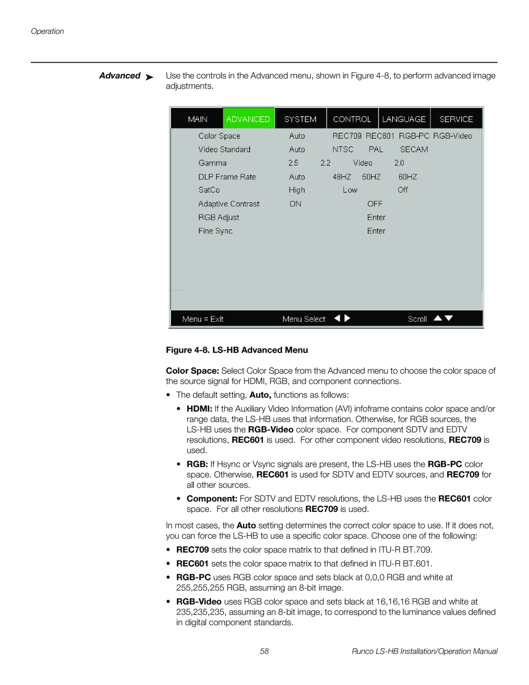 Runco operation manual 8. LS-HB Advanced Menu 