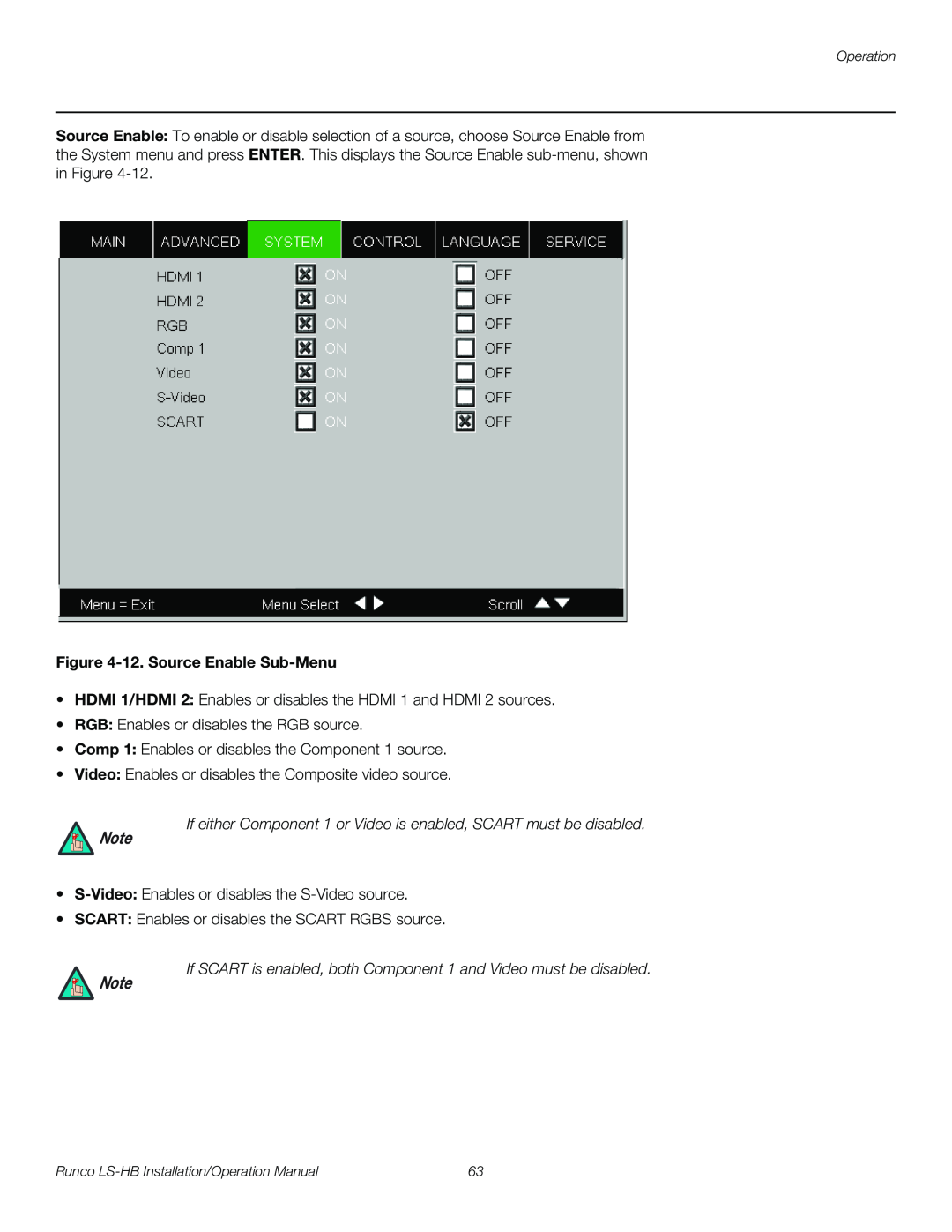 Runco LS-HB operation manual 12. Source Enable Sub-Menu, If either Component 1 or Video is enabled, SCART must be disabled 