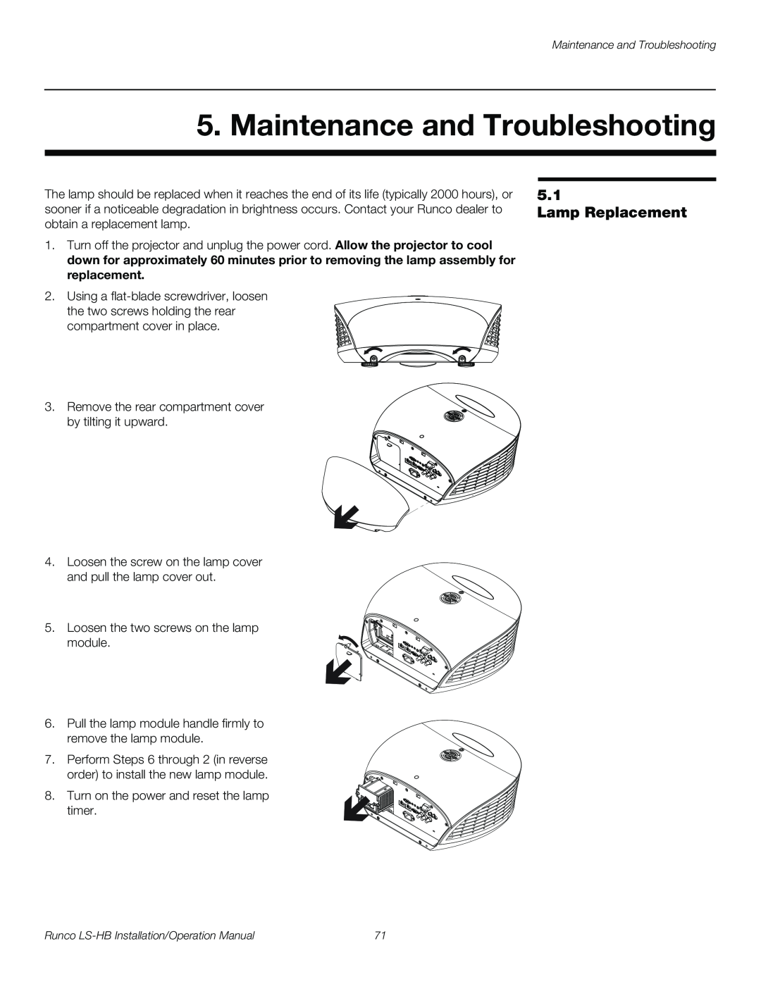 Runco LS-HB operation manual Maintenance and Troubleshooting, Lamp Replacement 