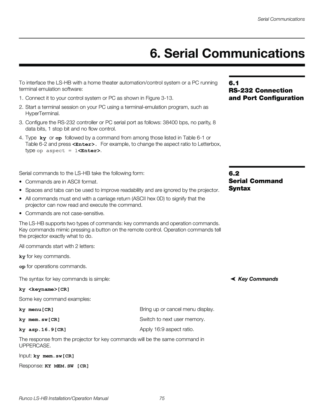 Runco LS-HB Serial Communications, 6.1 RS-232 Connection and Port Configuration 6.2, Serial Command Syntax, Key Commands 