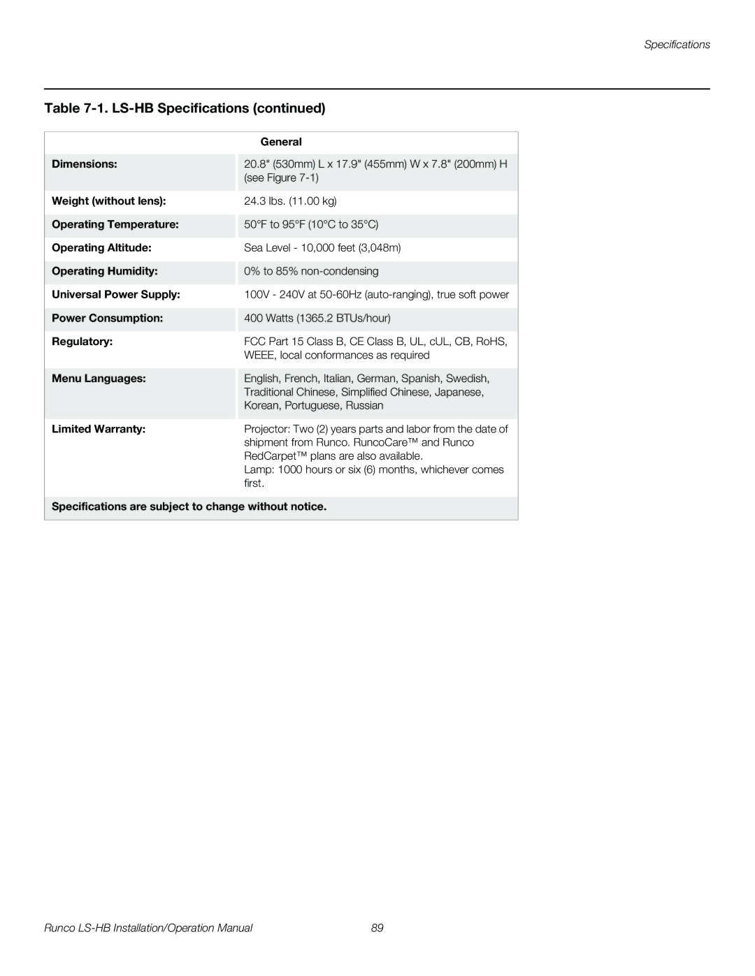 Runco LS-HB General, Dimensions, Weight without lens, Operating Temperature, Operating Altitude, Operating Humidity 