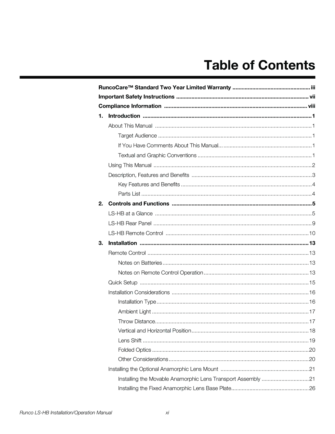 Runco LS-HB operation manual Table of Contents 