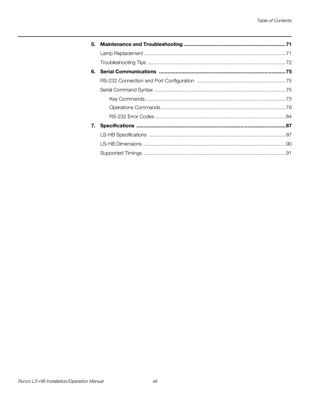 Runco LS-HB operation manual Maintenance and Troubleshooting, Serial Communications, Specifications 