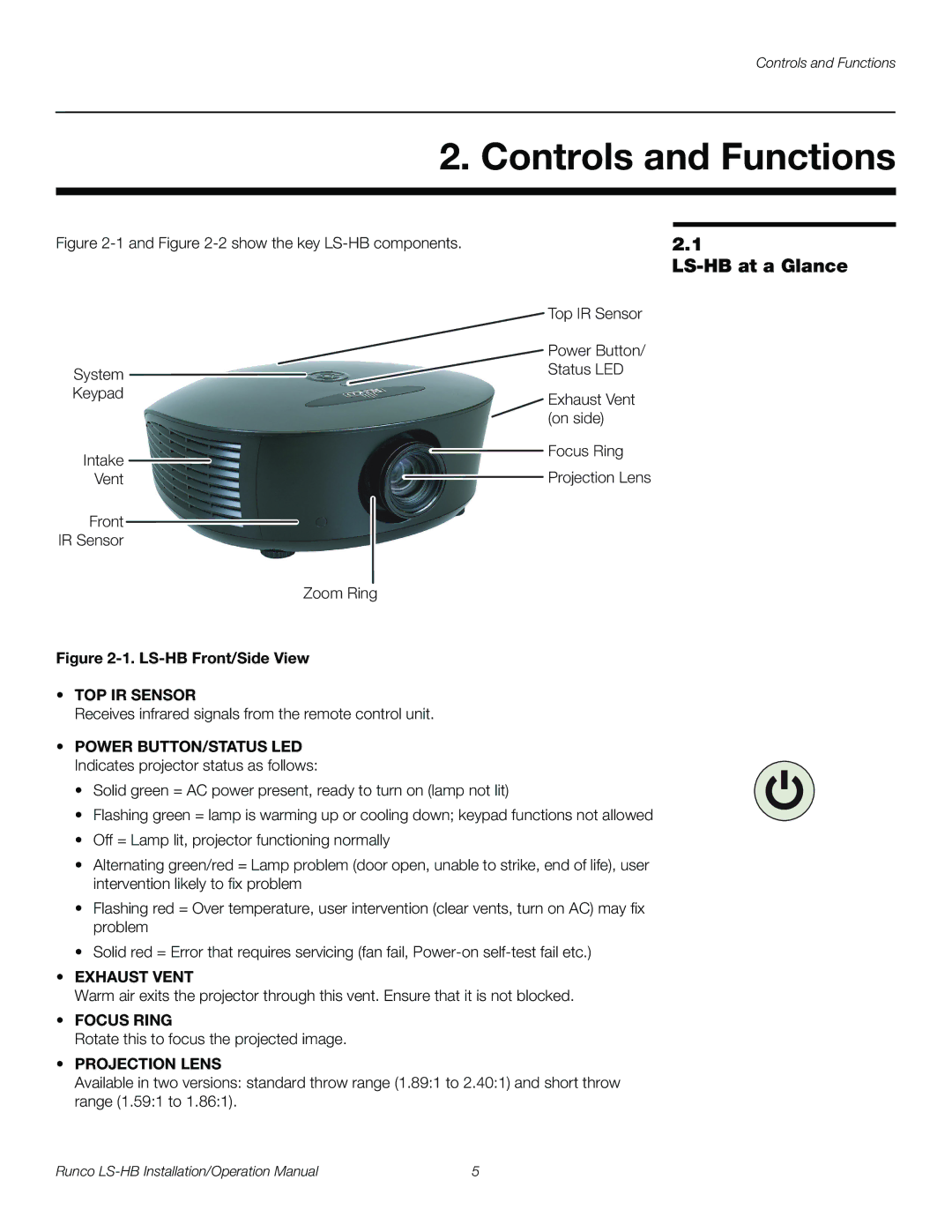 Runco operation manual Controls and Functions, LS-HB at a Glance 