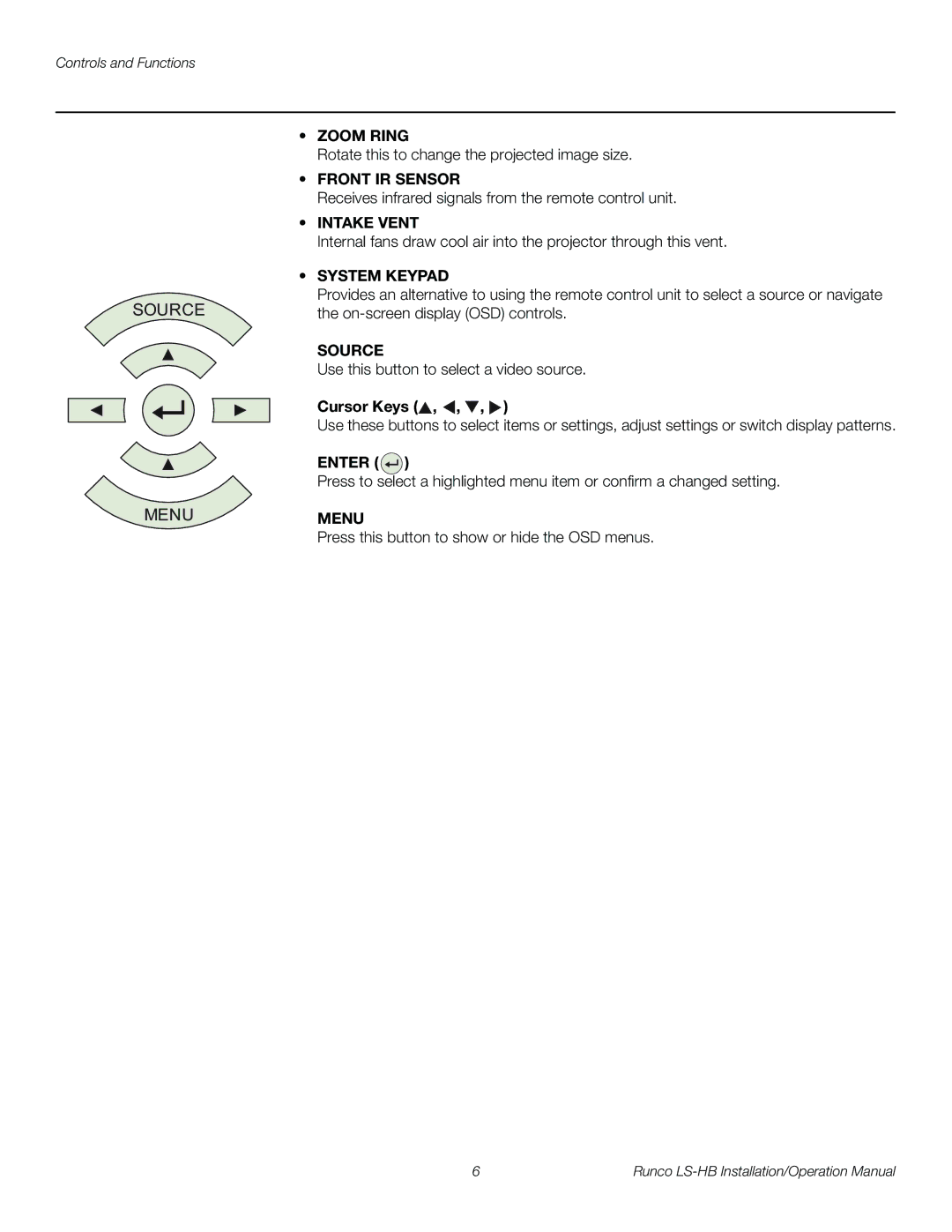 Runco LS-HB operation manual Source, Cursor Keys 