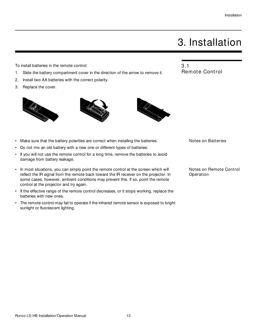 Runco LS-HB operation manual Installation, Remote Control, Operation 