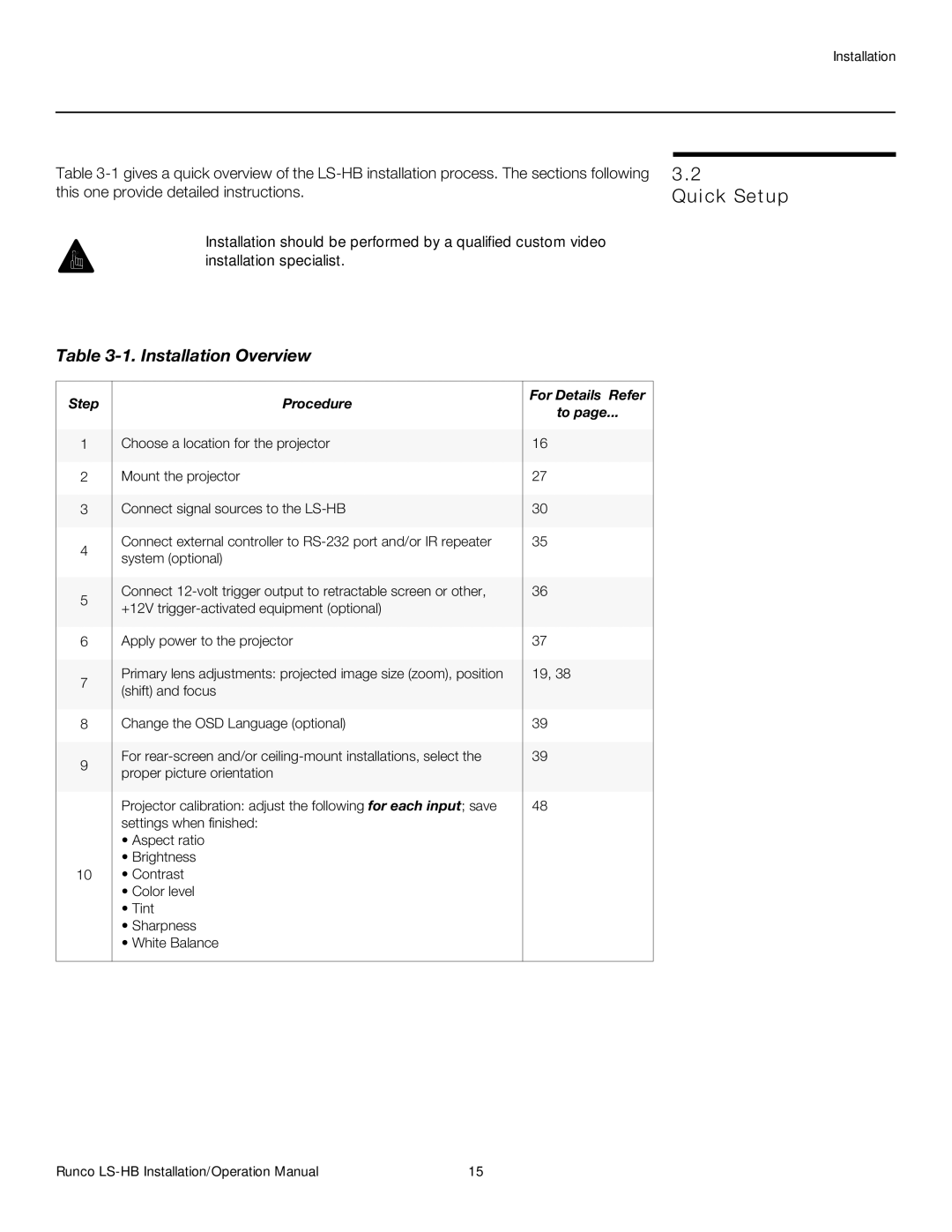 Runco LS-HB operation manual Quick Setup, Step Procedure, For Details, Refer 