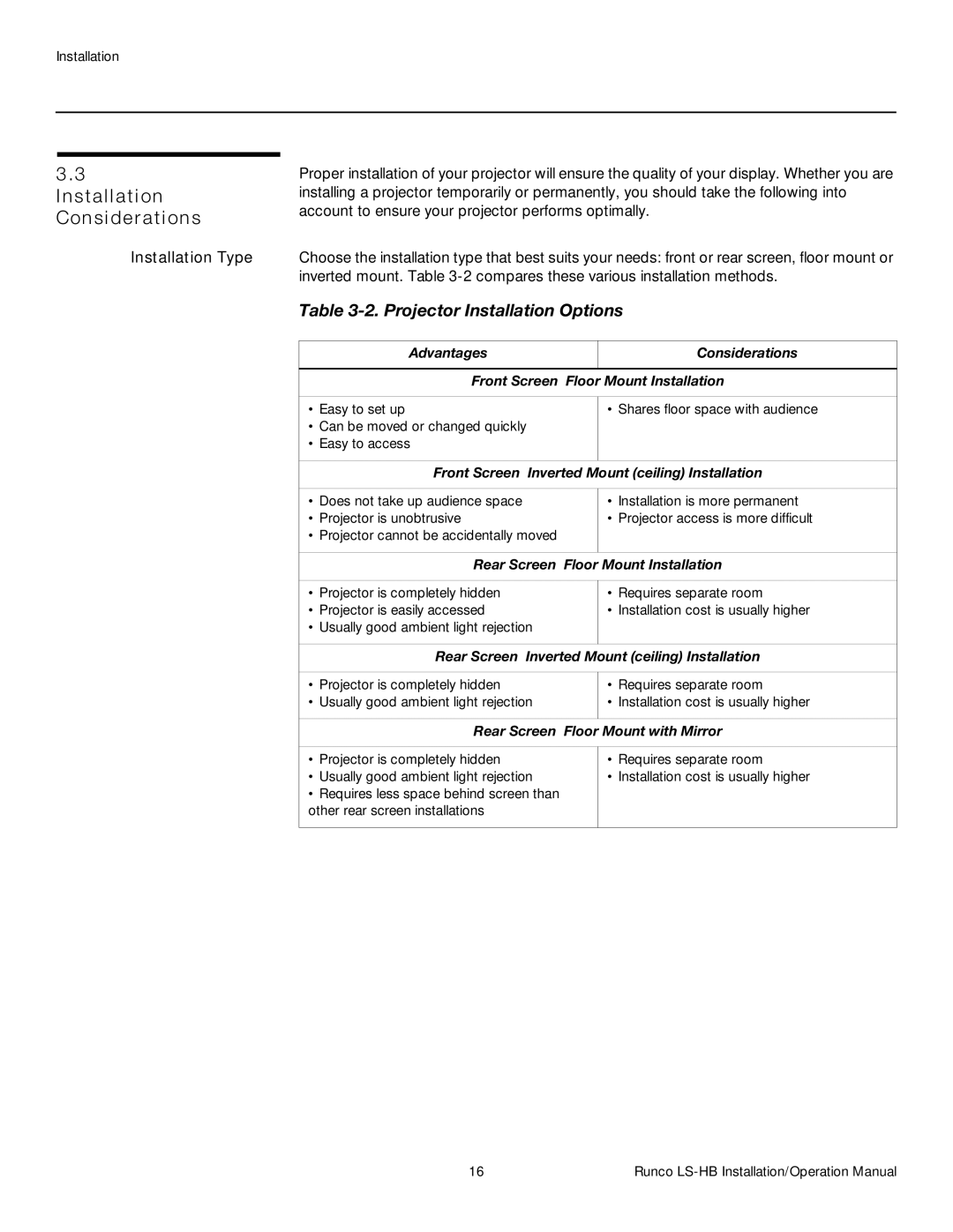 Runco LS-HB operation manual Considerations, Installation Type 