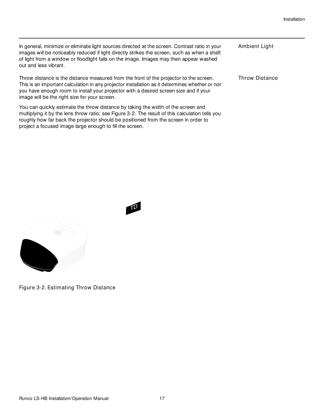 Runco LS-HB operation manual Ambient Light, Estimating Throw Distance 