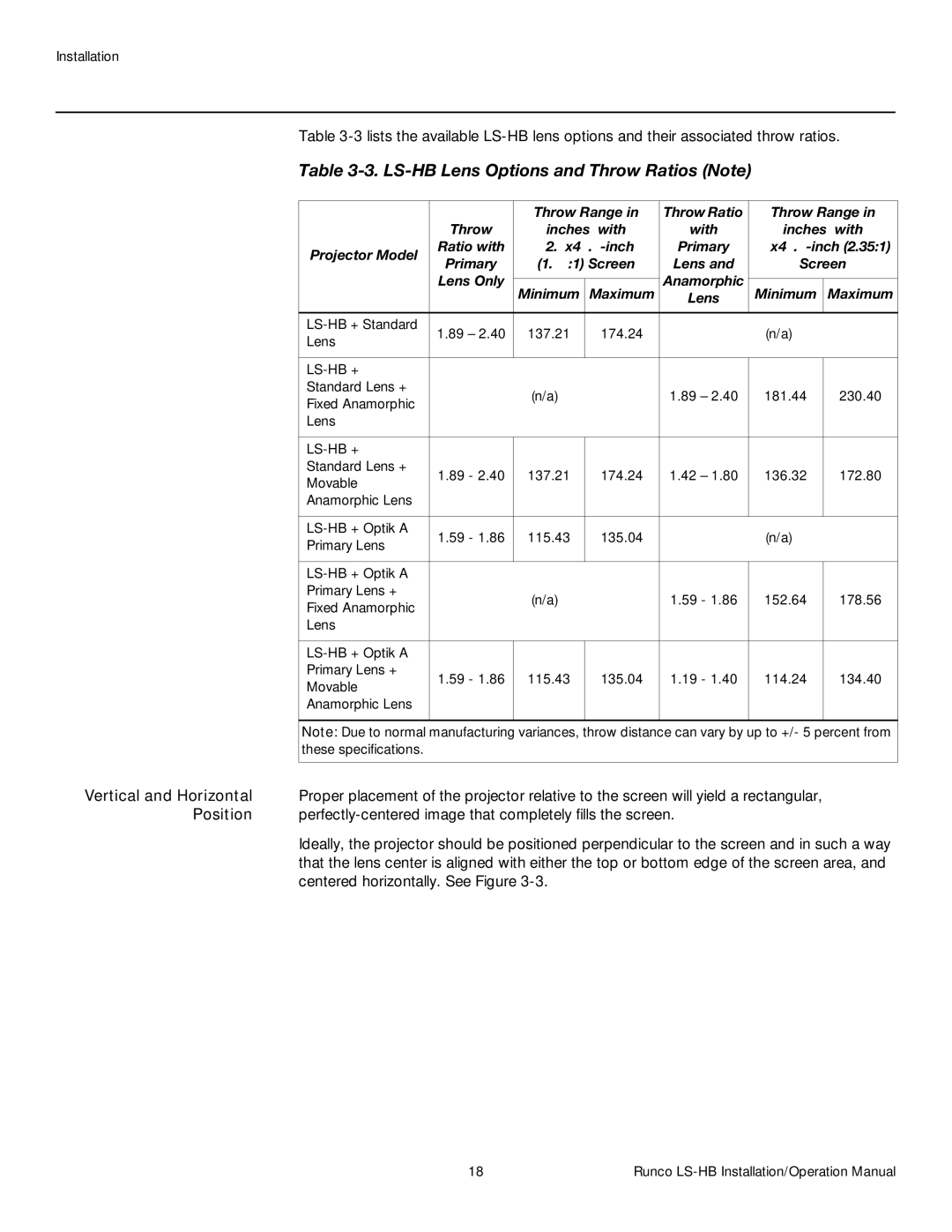 Runco LS-HB operation manual Vertical and Horizontal, Position, Primary, Lens Screen Lens Only Anamorphic Minimum Maximum 