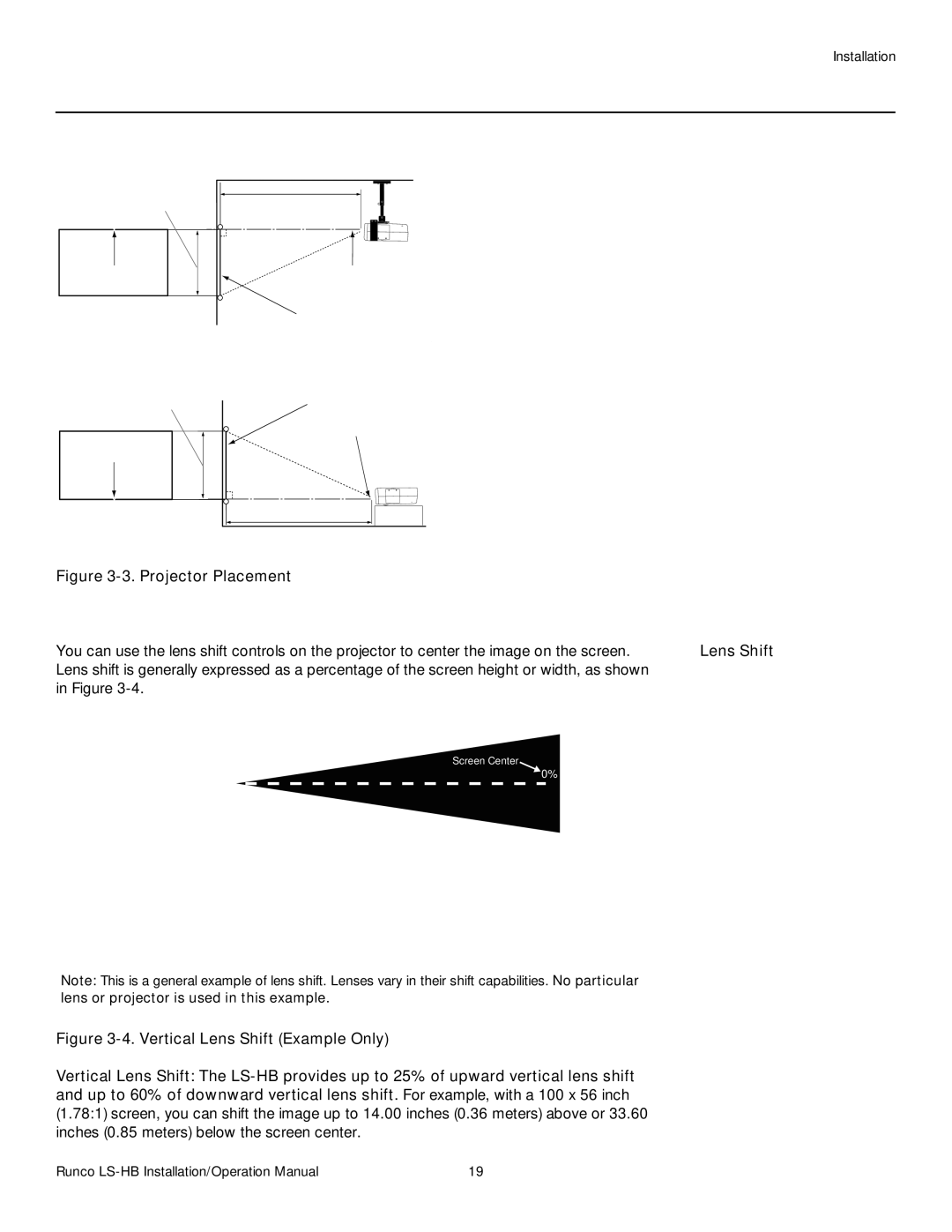 Runco LS-HB operation manual Ceiling Installation, Floor Installation, Lens Shift 