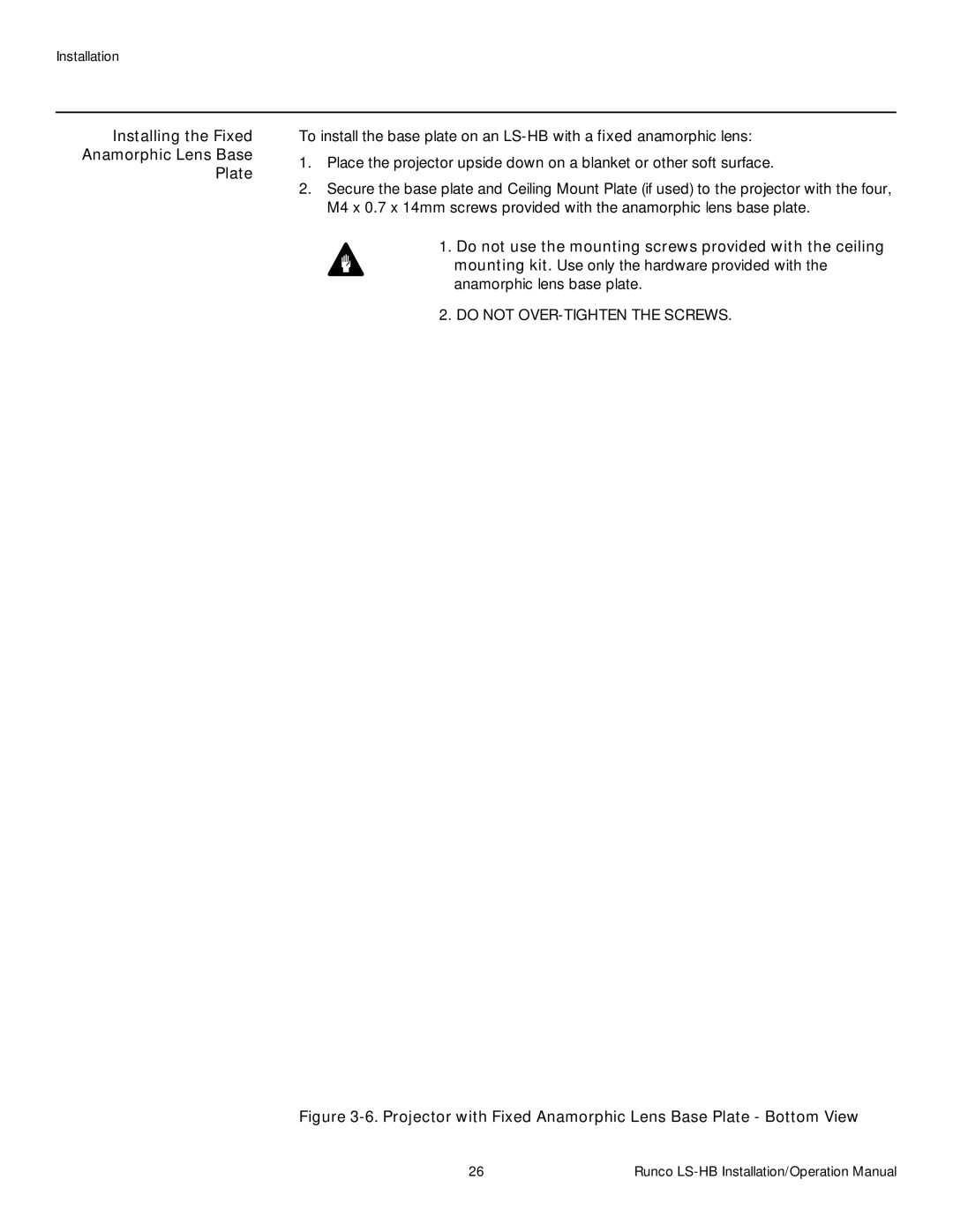 Runco LS-HB operation manual Anamorphic Lens Base, Plate, Do not use the mounting screws provided with the ceiling 