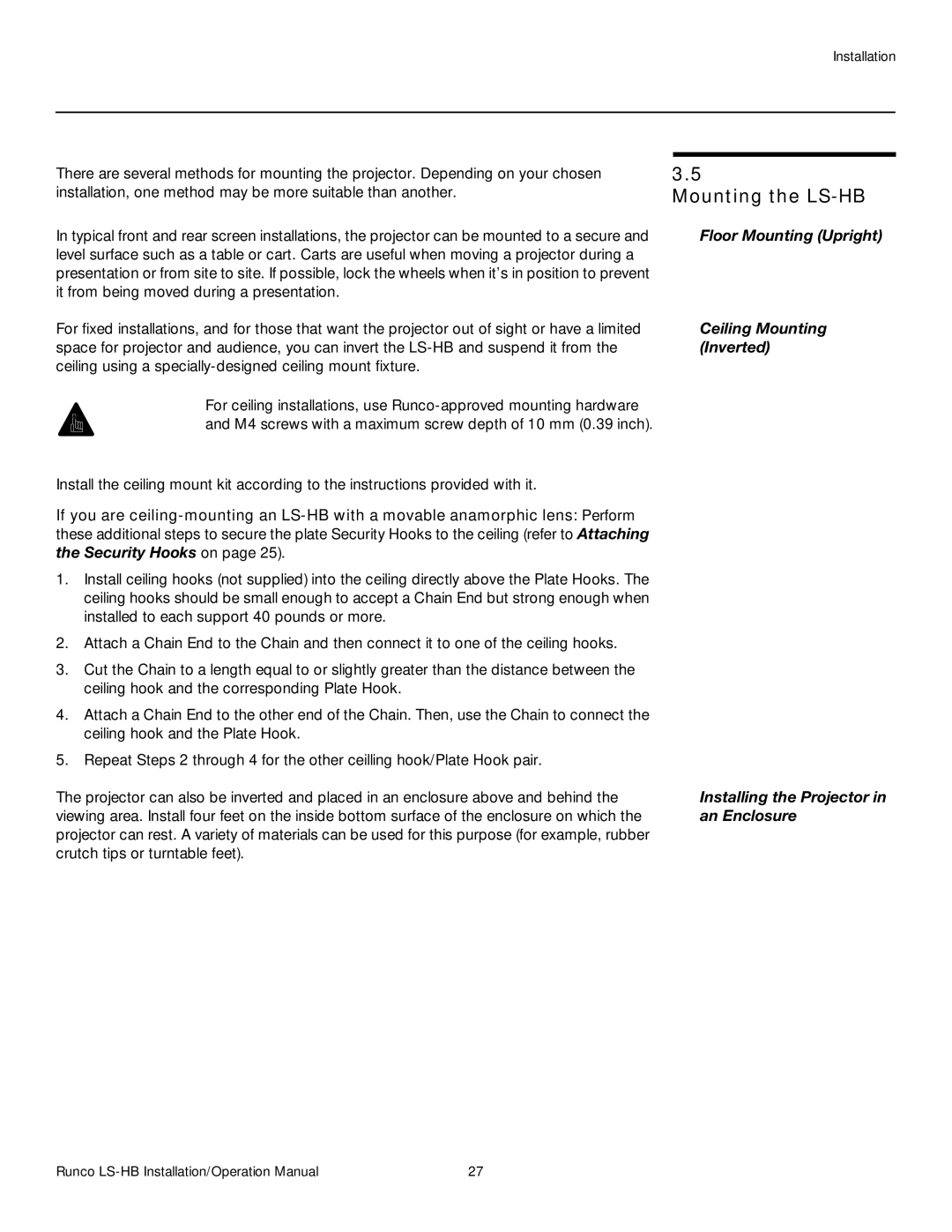 Runco operation manual Mounting the LS-HB 