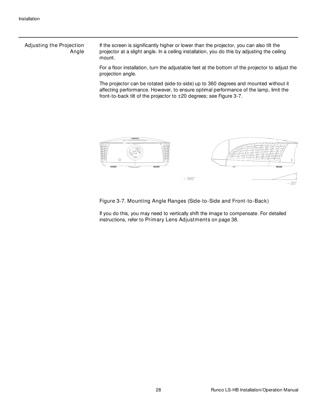 Runco LS-HB operation manual Adjusting the Projection, Angle 