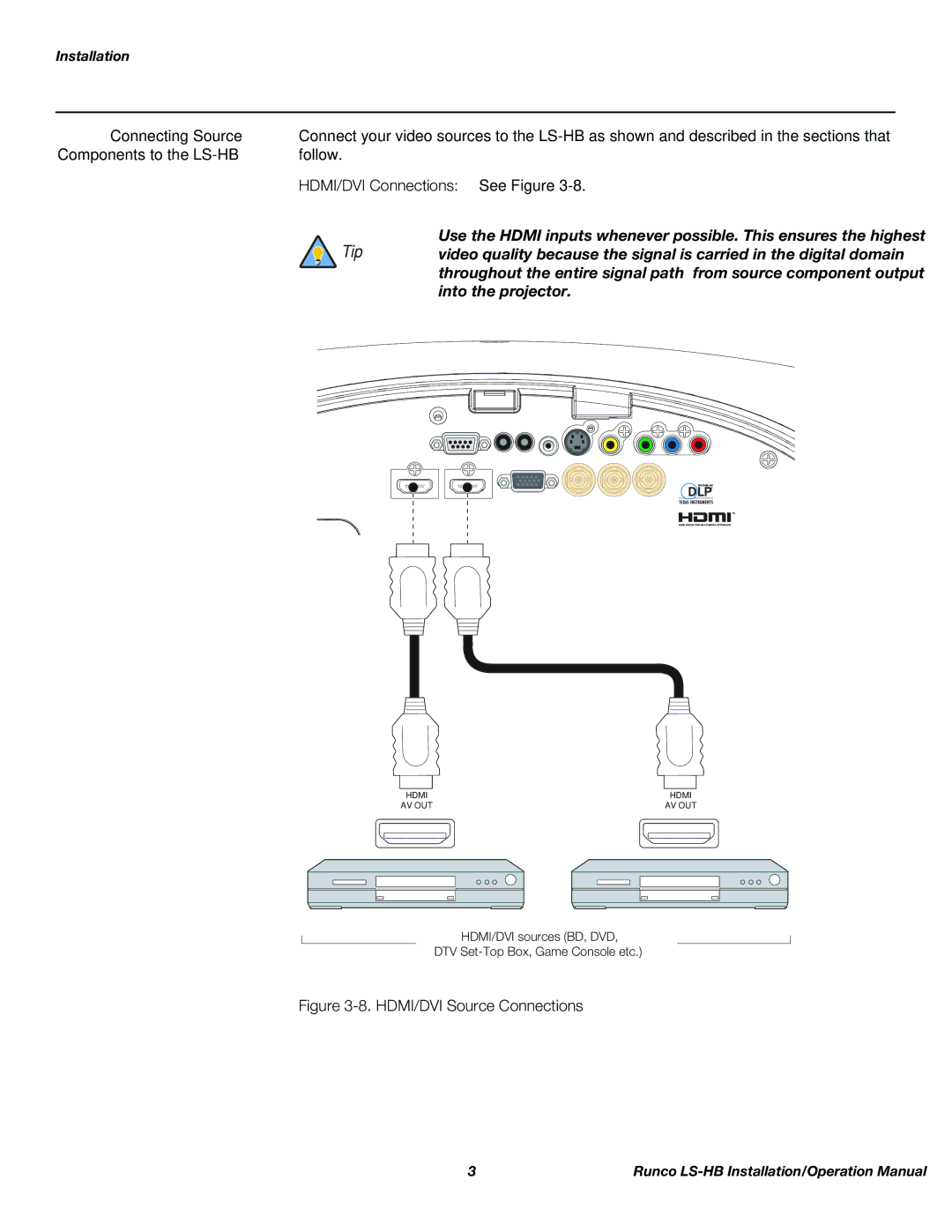 Runco operation manual Connecting Source, Components to the LS-HB, HDMI/DVI Connections See Figure 