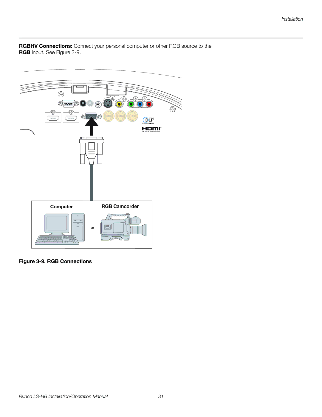 Runco LS-HB operation manual RGB Connections, Computer RGB Camcorder 