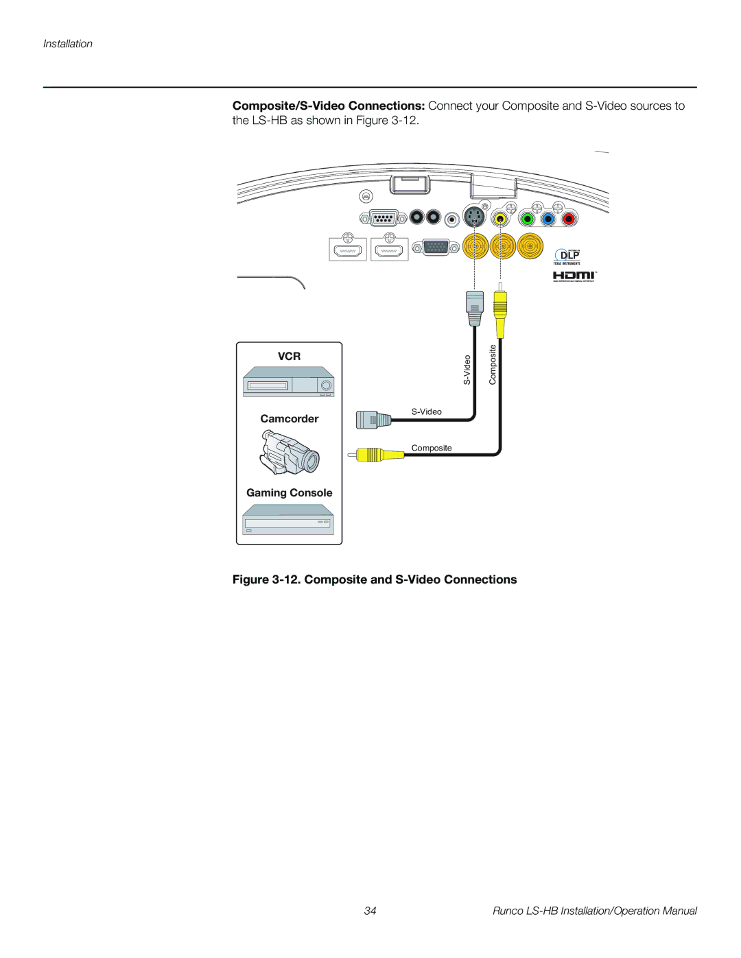 Runco LS-HB operation manual Composite and S-Video Connections, Camcorder 