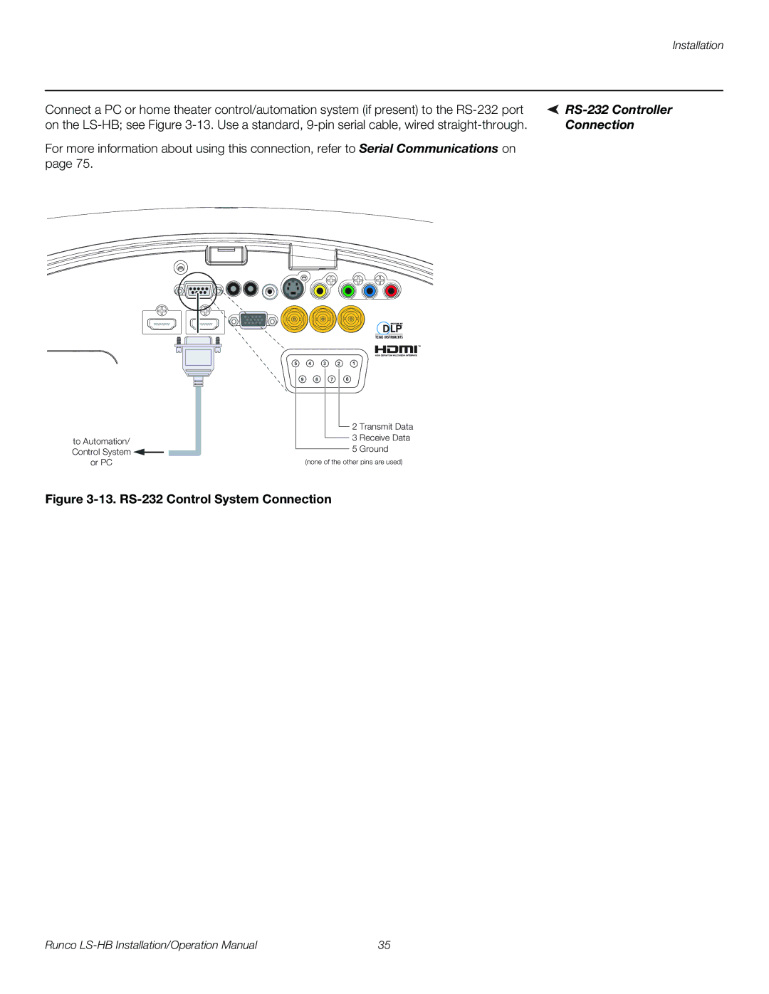 Runco LS-HB operation manual RS-232 Controller, Connection 