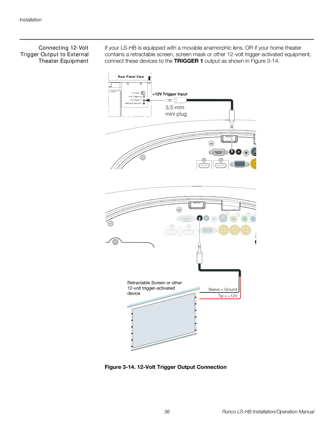 Runco LS-HB operation manual Connecting 12-Volt, Trigger Output to External, Theater Equipment 