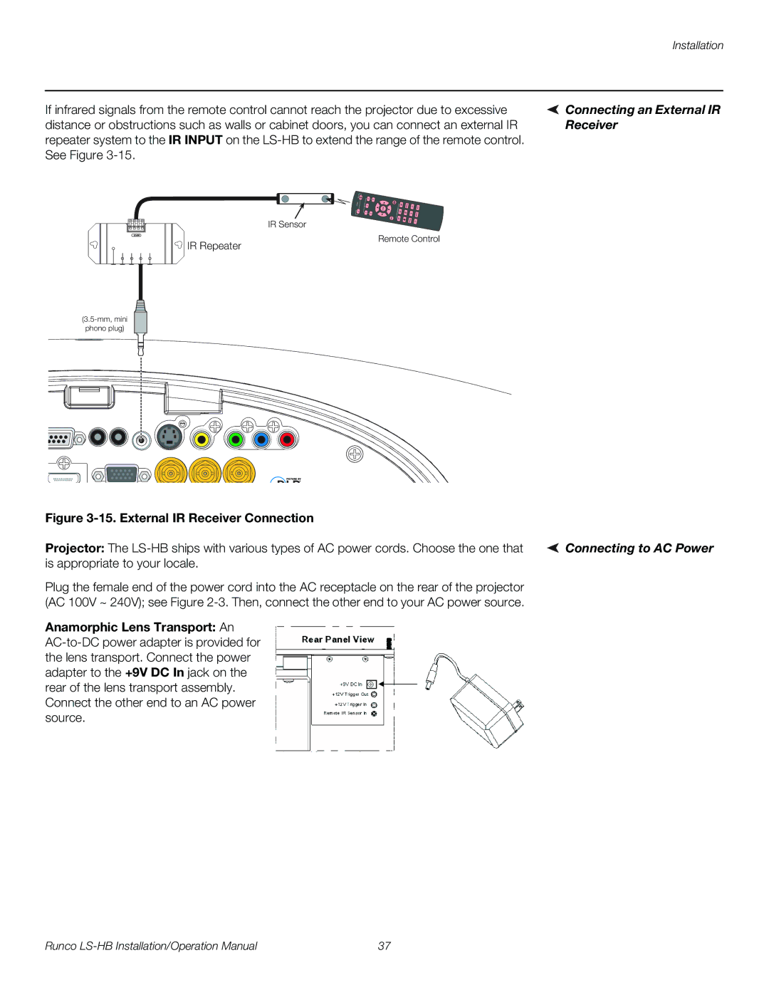 Runco LS-HB operation manual Connecting an External IR, Receiver, Connecting to AC Power, Is appropriate to your locale 