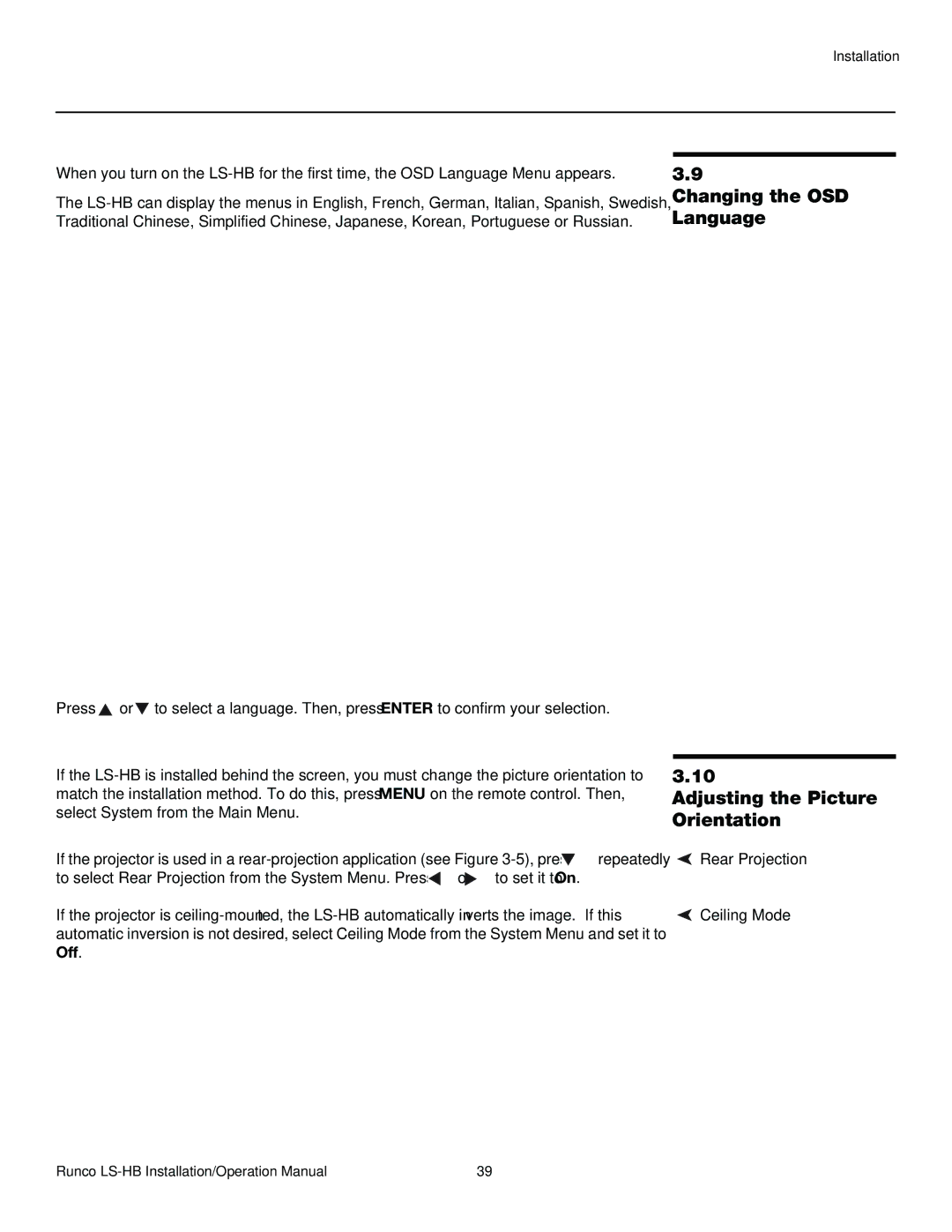 Runco LS-HB operation manual Changing the OSD Language Adjusting the Picture Orientation, Rear Projection Ceiling Mode 