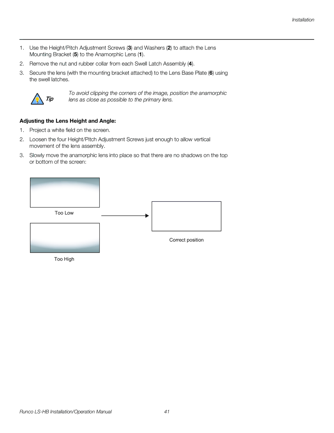 Runco LS-HB operation manual Adjusting the Lens Height and Angle 