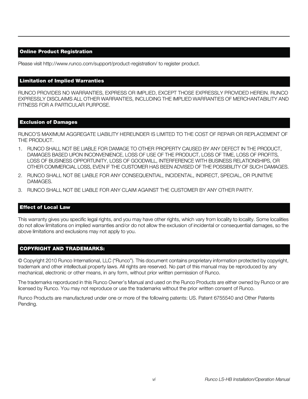 Runco LS-HB operation manual Copyright and Trademarks 